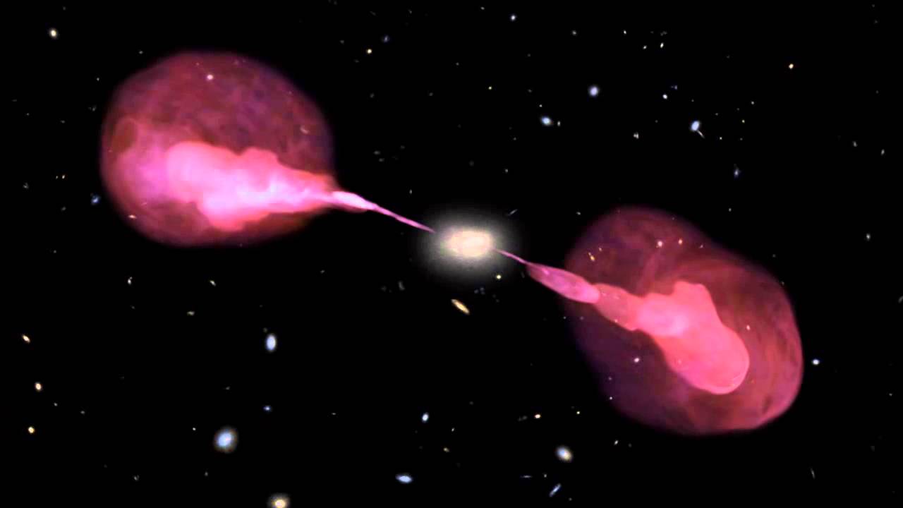 Las radiogalaxias son enormes columnas de materia sobrecalentada que brotan de las rejillas de ventilación traseras.  La foto muestra una foto de longitud de onda múltiple de Radio Galaxy Hercules A