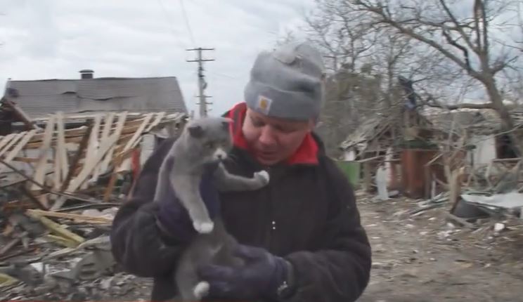 El abuelo mece al gato después de perder a cinco parientes en una supuesta redada rusa
