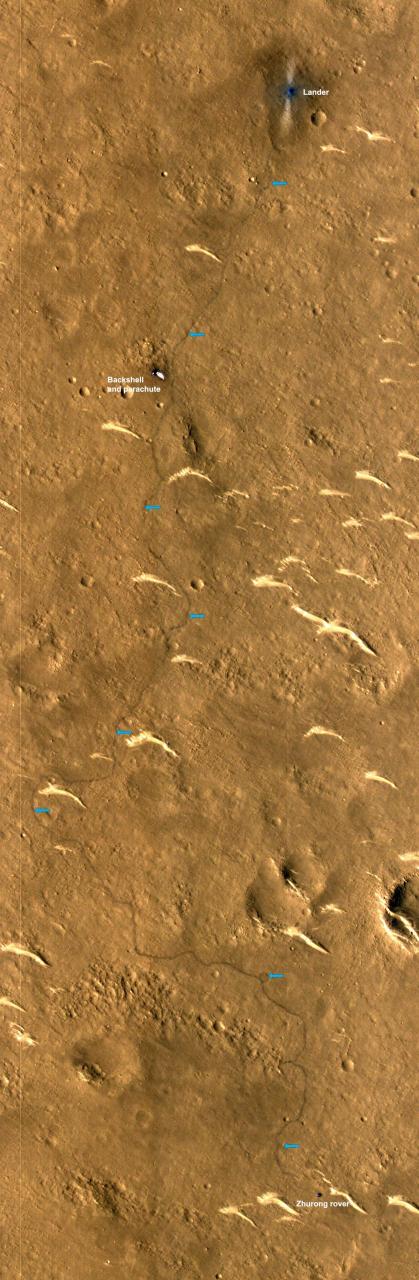 El viaje de Zhurgon desde su llegada al Planeta Rojo se puede ver en las huellas que dejó en Marte, que están marcadas con flechas azules arriba.
