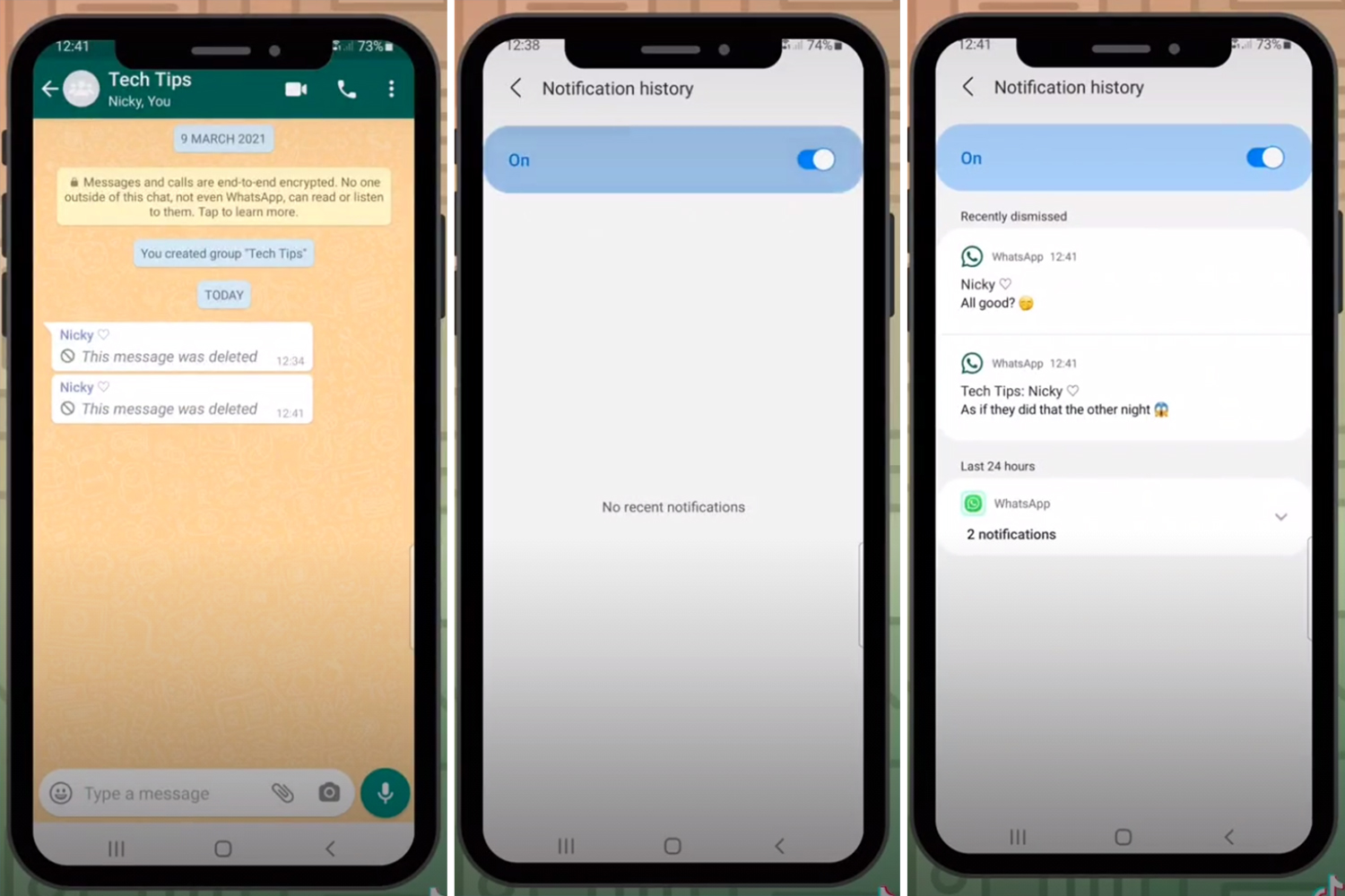 En Android, puede leer los mensajes de WhatsApp eliminados (izquierda) yendo al Historial de notificaciones (centro y derecha) en la aplicación de configuración
