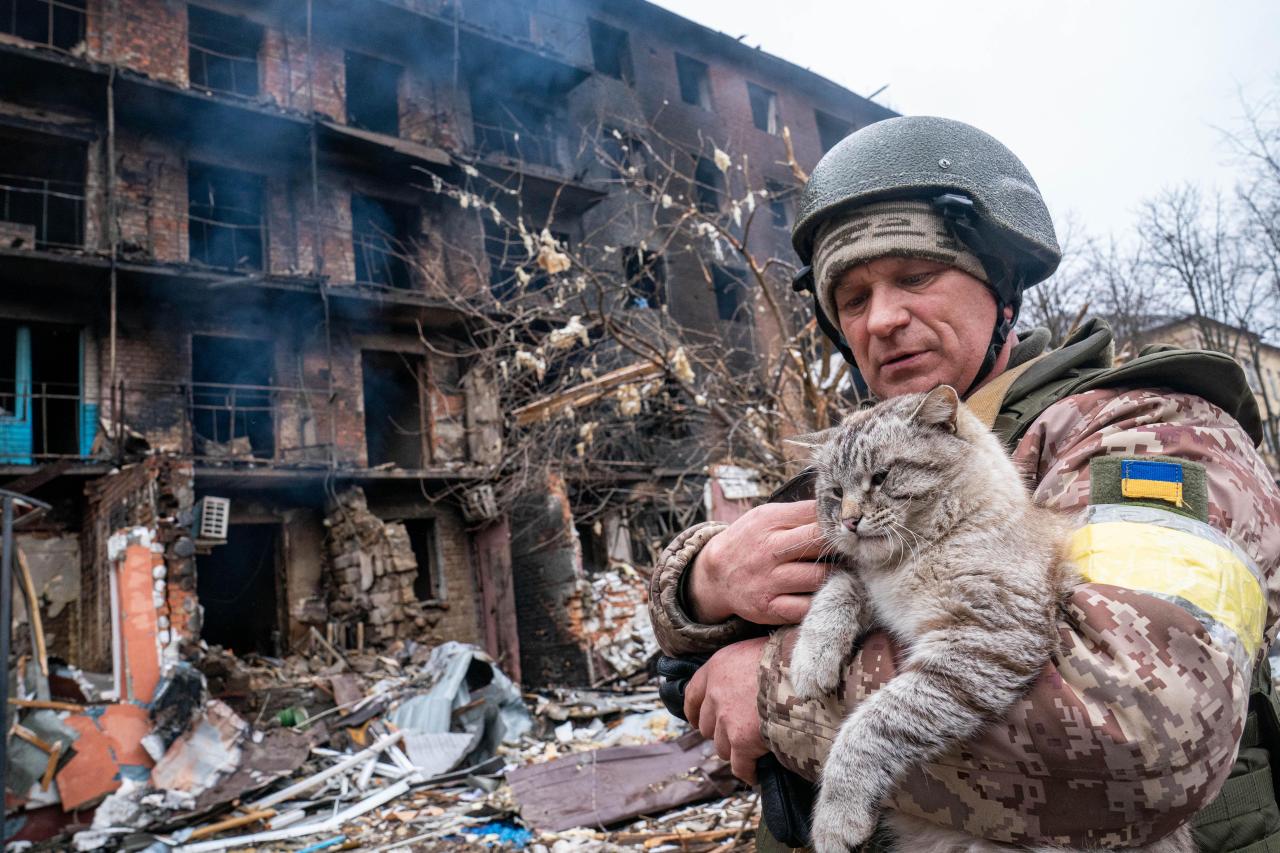 El soldado mece al gato mientras pasa junto al edificio quemado.