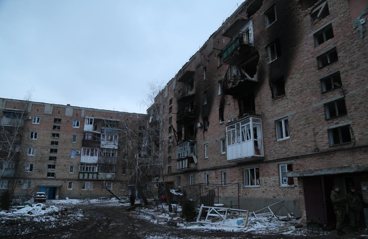 Vista de la destrucción en Volnovakha en Donetsk