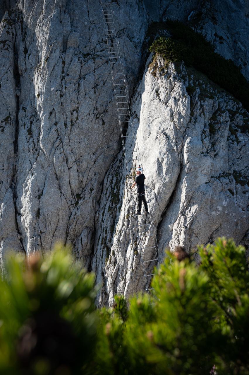 El ingeniero de construcción Marc Offenbacher, de 29 años, subió una escalera de 140 metros en la montaña Donnerkogel en Austria