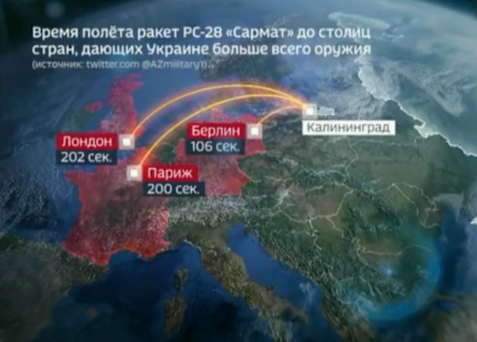 La televisión estatal rusa se jactó de que las armas nucleares basadas en Kaliningrado podrían alcanzar Berlín en 106 segundos y Londres en 202 segundos.