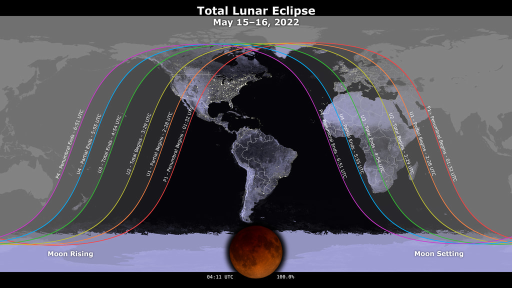 El mapa de la NASA muestra dónde y cuándo se puede ver el eclipse lunar total del 15 al 16 de mayo de 2022.