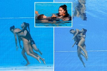 La entrenadora de héroes nadadores salta a la piscina para salvar su vida después de que se desmayó en el agua