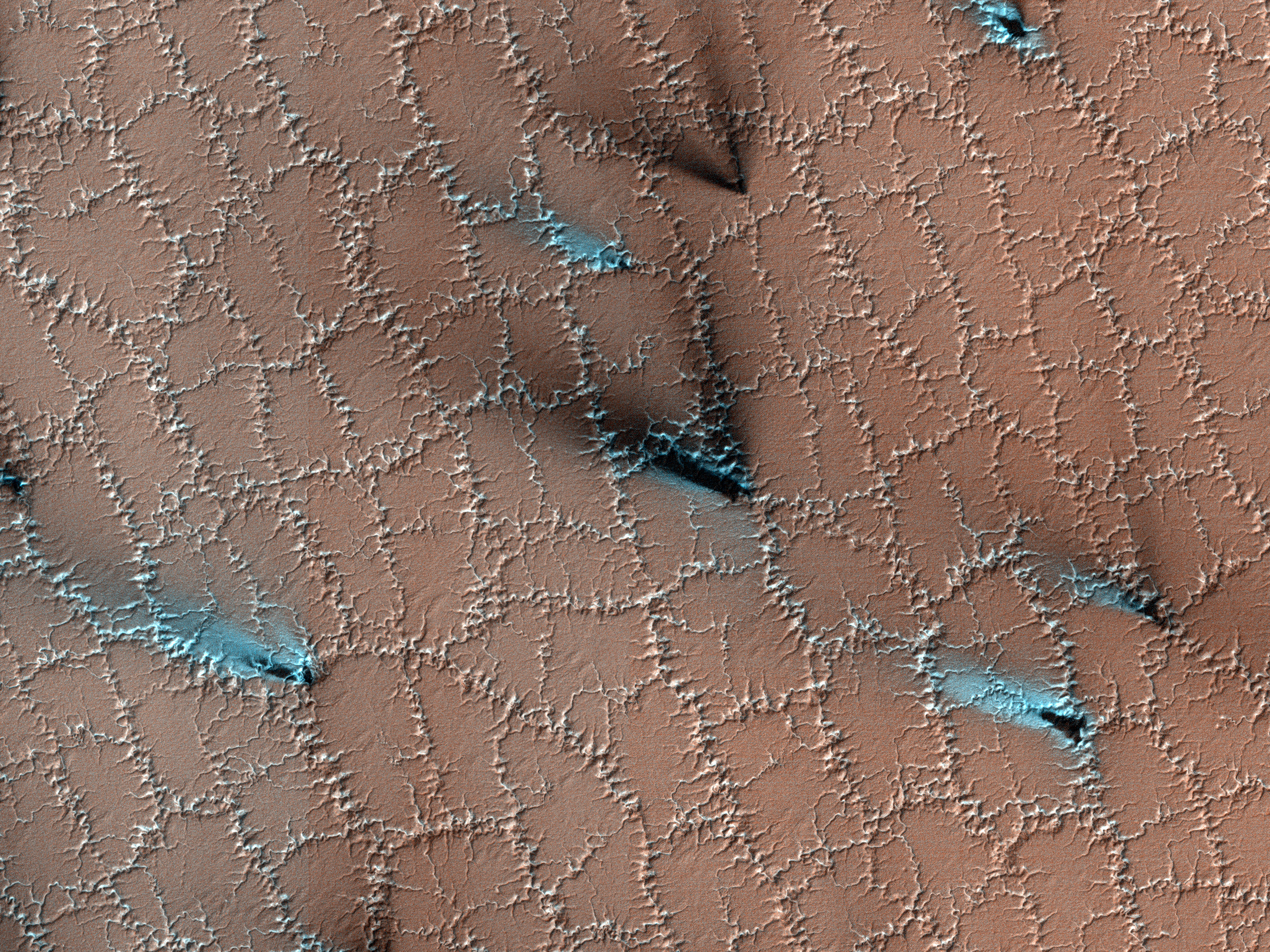 Los extraños patrones de panales en la superficie de Marte han sido notados muchas veces por robots orbitales a lo largo de los años.