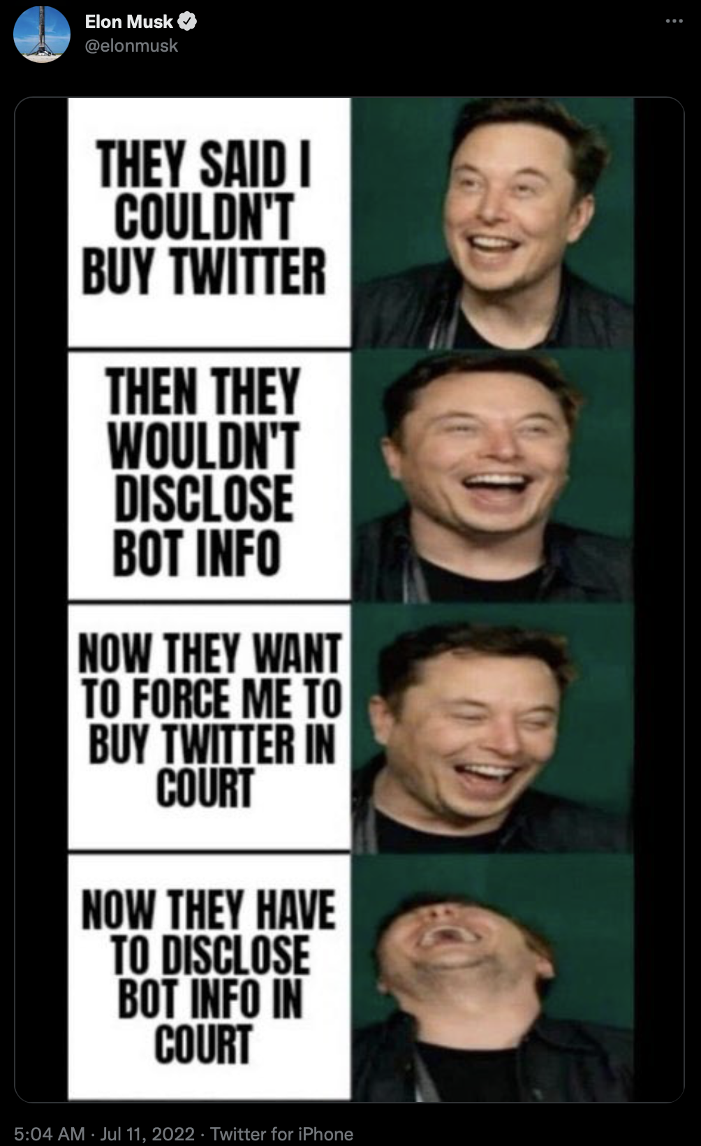 Elon Musk comparte un meme en el que se burla de Twitter, a pesar de las afirmaciones de que podría verse obligado a finalizar la compra