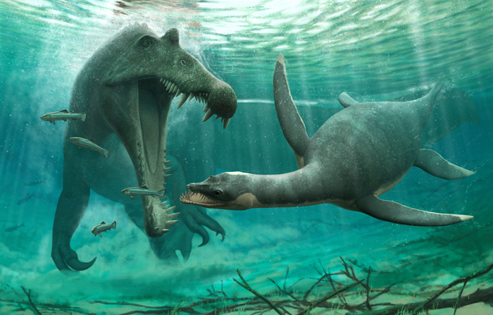 La visión de un artista de un espinosaurio y plesiosaurio en un río