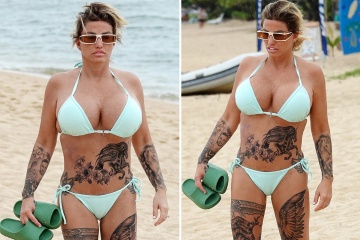 Katie Price revela ENORMES nuevos tatuajes mientras llega a la playa en bikini