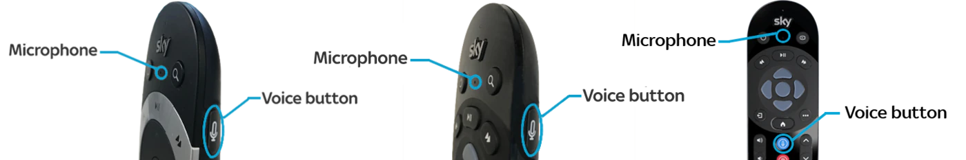 Aquí se explica cómo encontrar el botón de voz y el micrófono en cada control remoto Sky Q