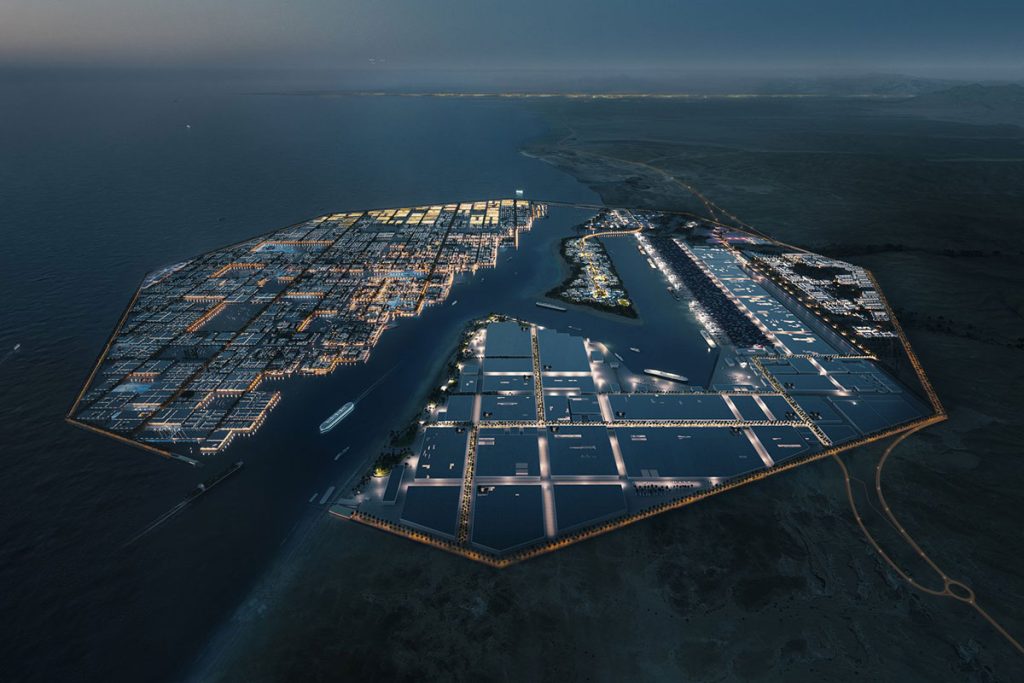 Arabia Saudita ha anunciado el lanzamiento de OXAGON, el complejo industrial flotante más grande del mundo y el primer ecosistema de cadena de suministro y puerto completamente integrado del mundo.  -doblado-expuesto/